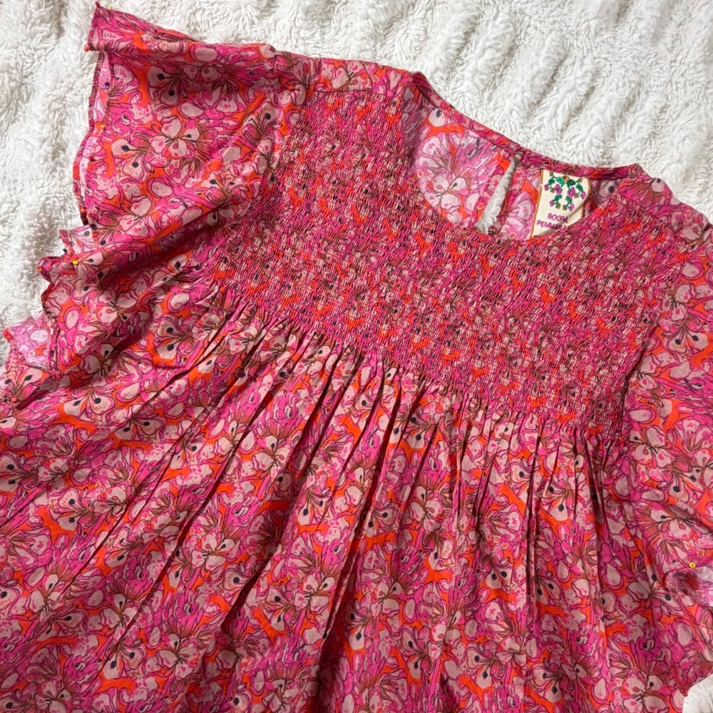 Roopa Pemmaraju Pink Floral Cotton Smocked Flutter Sleeve Blouse Womens Medium